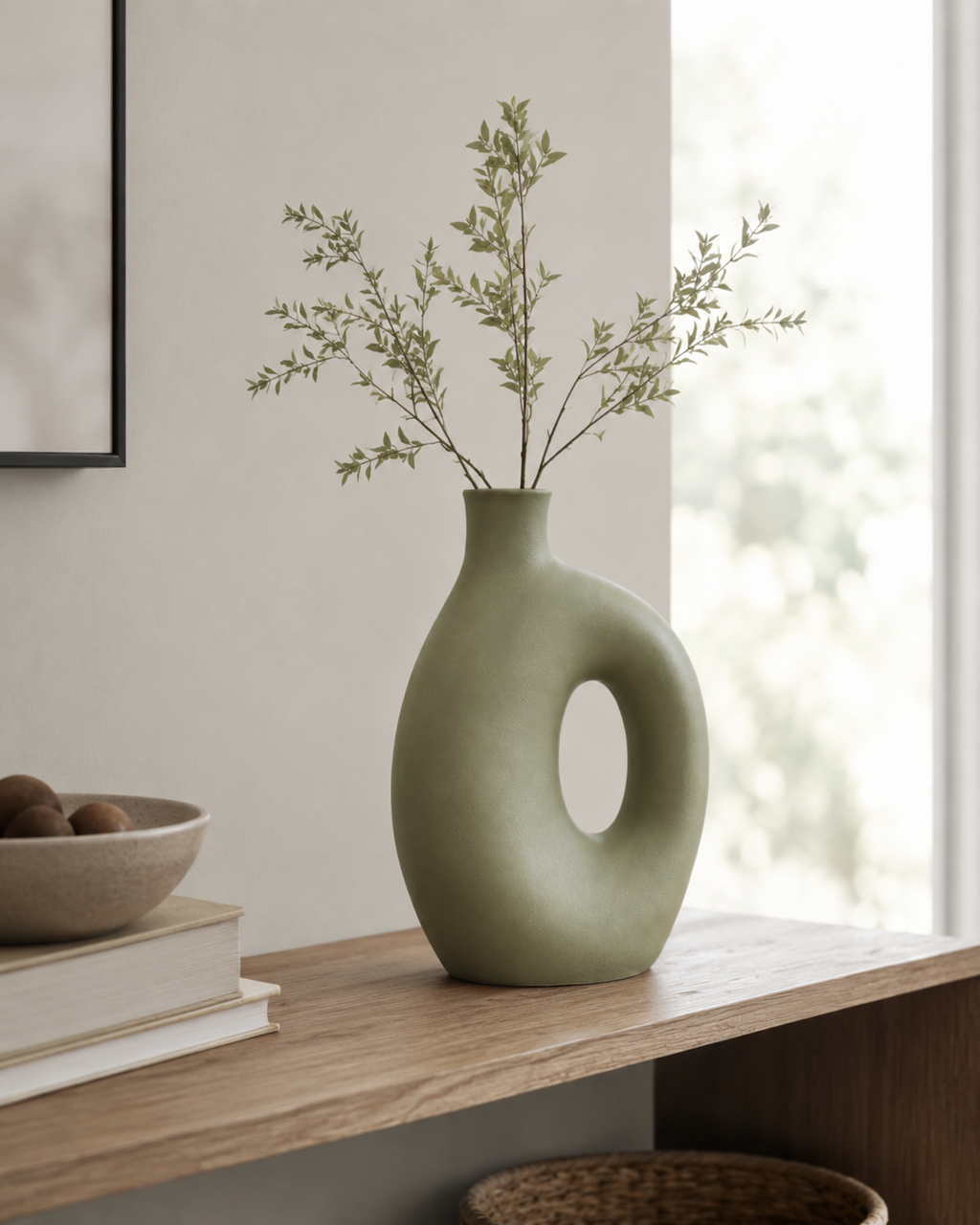 Skulpturell løkkevase i keramikk med moderne hjemmedekor - lifestylefoto 2
